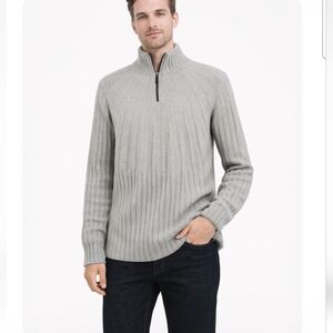 Iceberg Wool and Mohair Mock Neck Quarter-Zip Ribbed Pullover Sweater in Gray